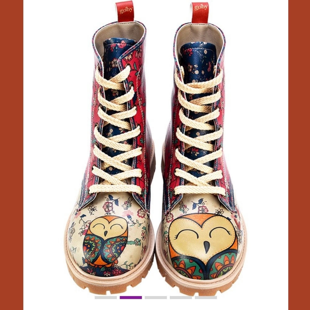 Goby Wise Owl floral Lace up combat boots vegan faux leather Quirky RARE